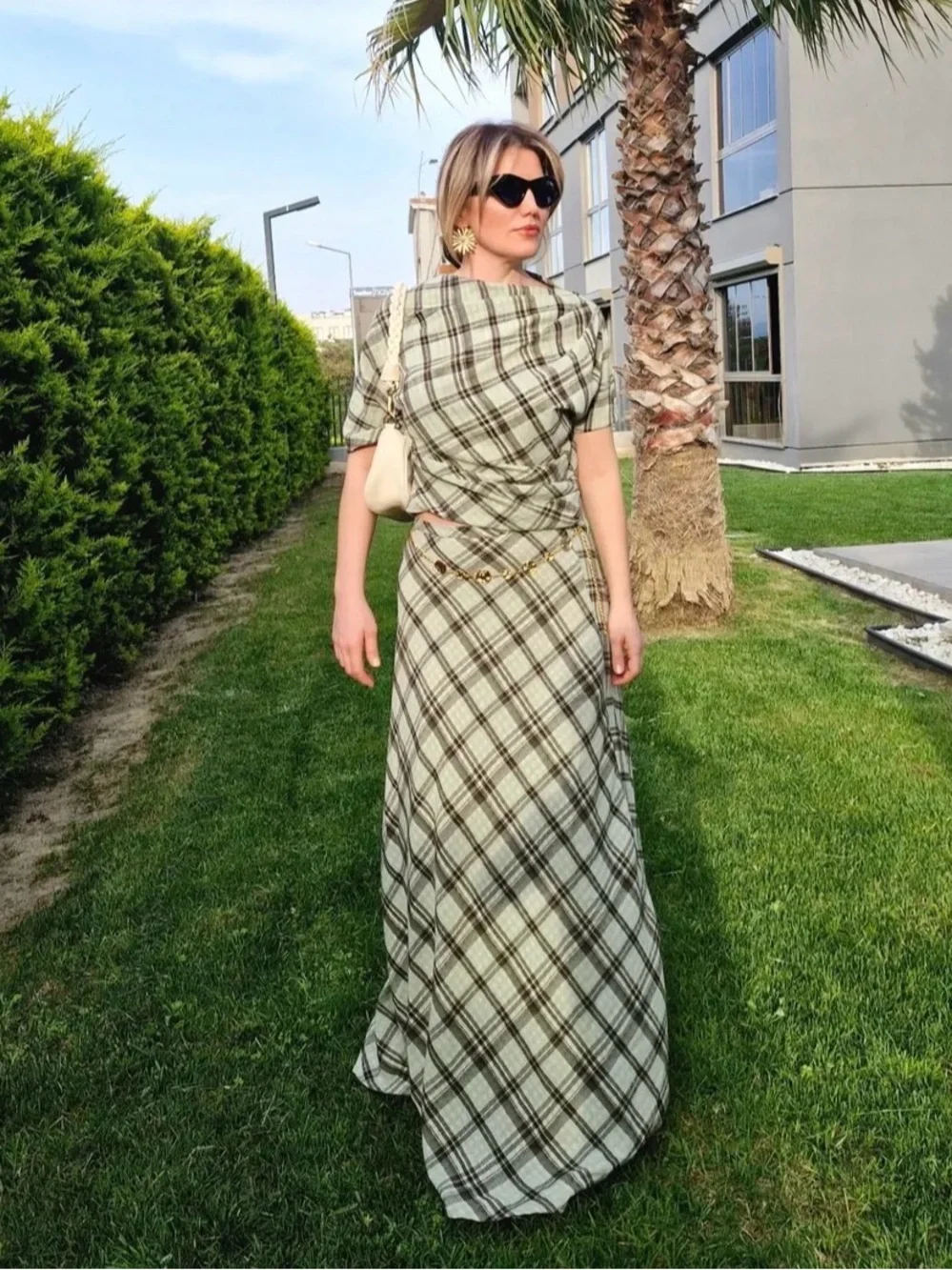 Plaid Maxi Skirt & Draped Top Matching Set – Sage Green Brown Check